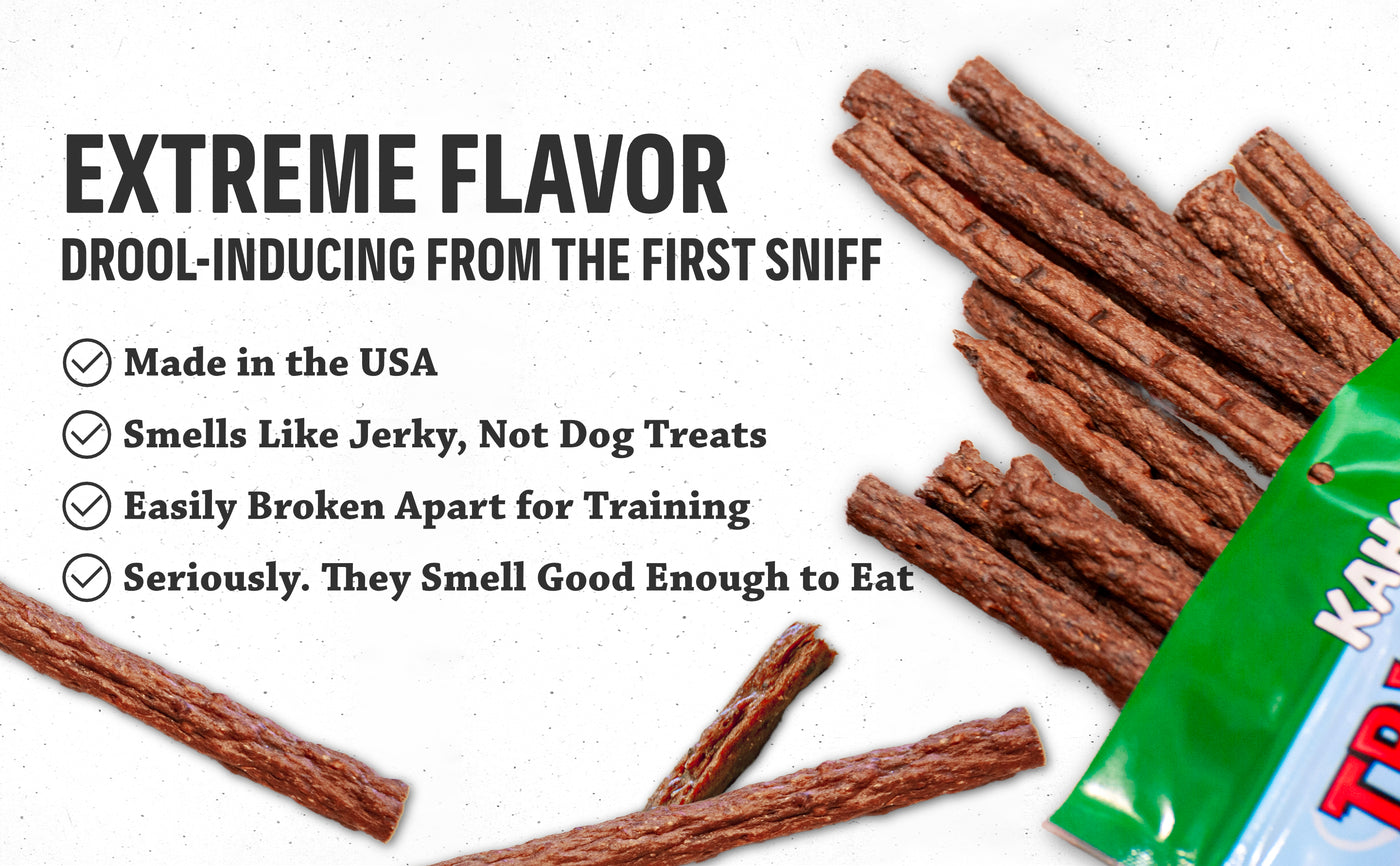 EXTREME FLAVOR DROOL-INDUCING FROM THE FIRST SNIFF. Made in the USA, Smells Like Jerky Not Dog Treats, Easily Broken Apart for Training, Seriously they Smell Good Enough to Eat
