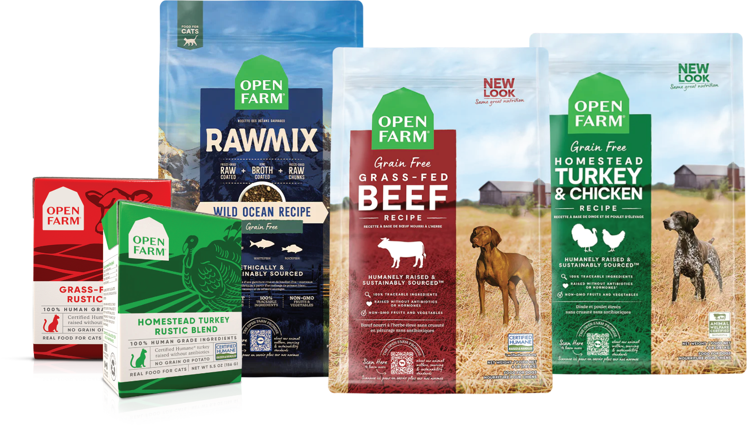 Lineup of open farm dog and cat food