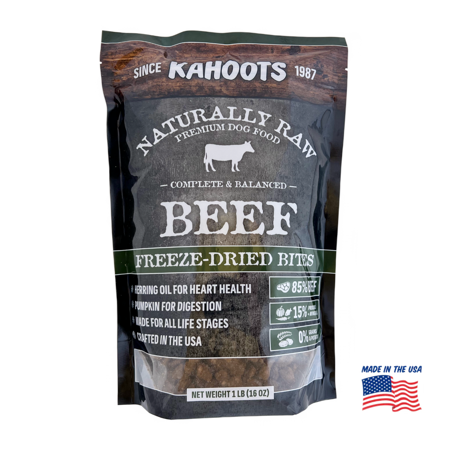 Freeze-dried beef bites front of bag
