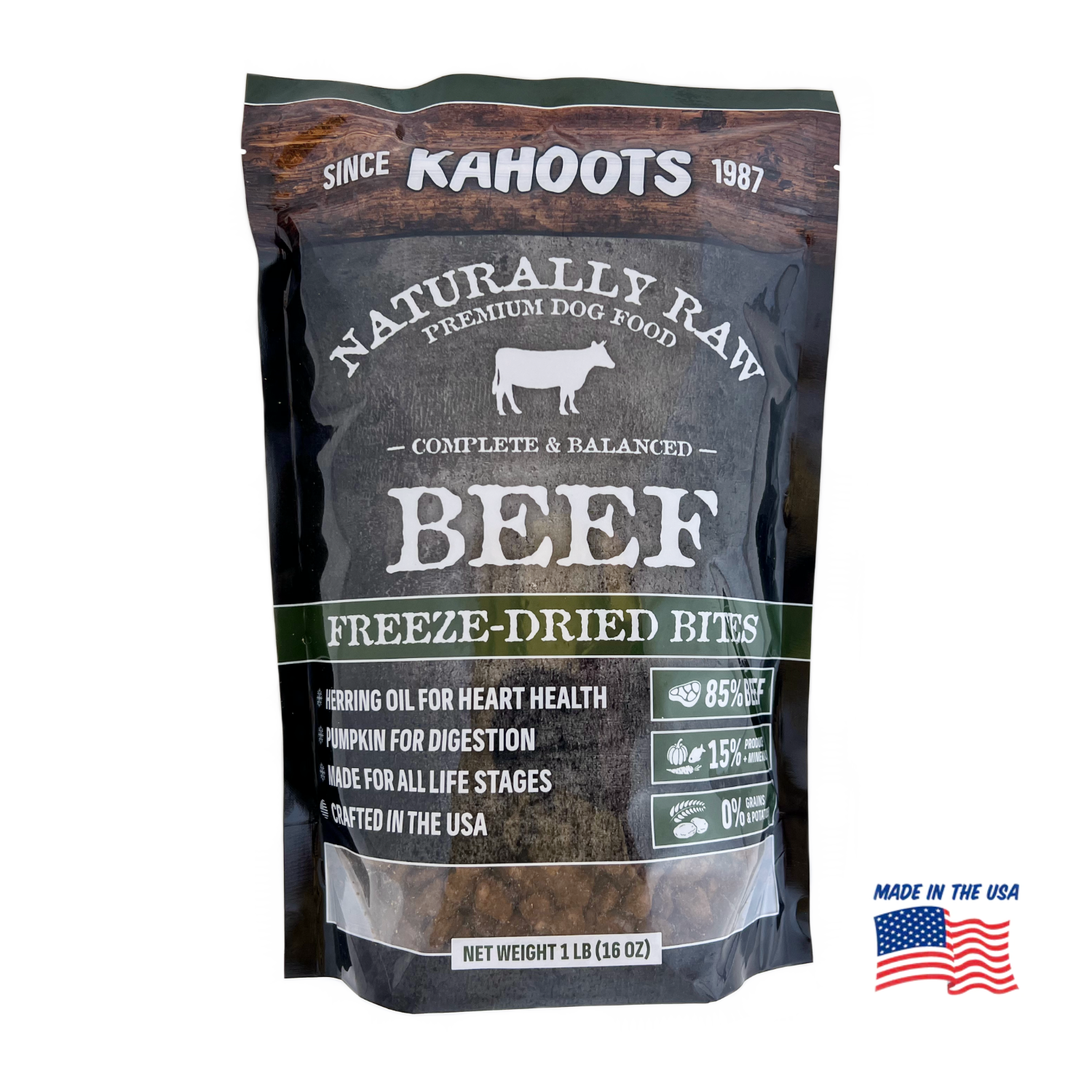 Freeze-dried beef bites front of bag
