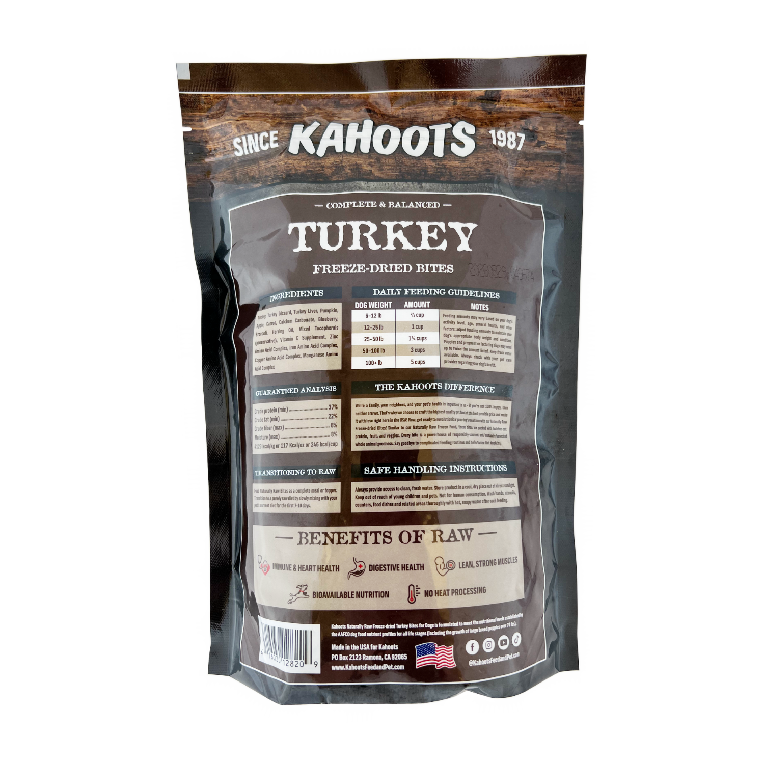 Freeze-dried turkey bites back of bag