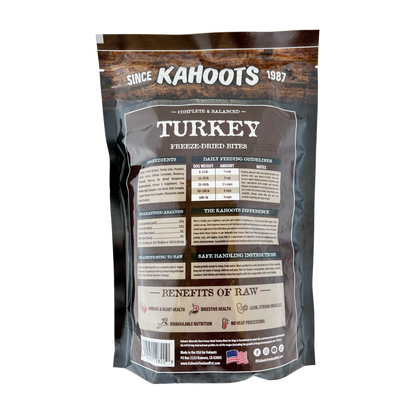 Freeze-dried turkey bites back of bag