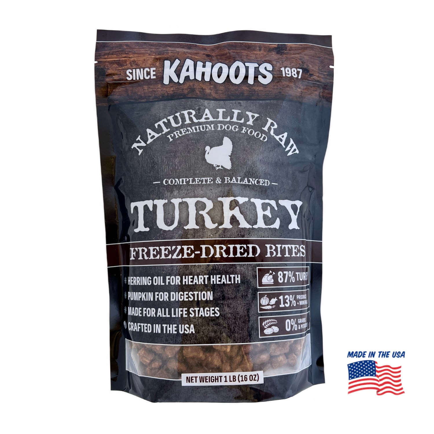 Freeze-dried turkey bites front of bag