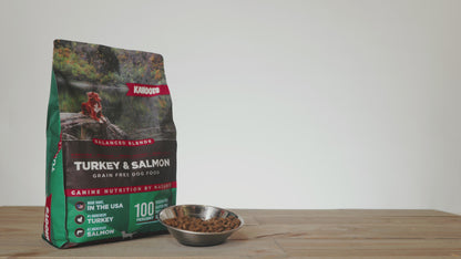 Dog eating turkey & salmon balanced blend dog food out of a bowl with product in background