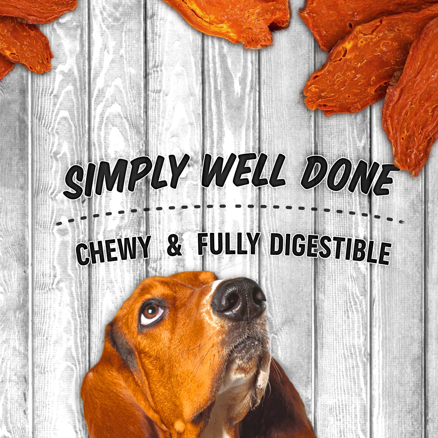 Dog looking up at sweet potato slices. "simply well done"