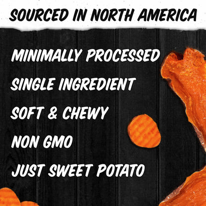 sweet potato slices against a black wood background. Sourced in North America, minimally processed, single ingredient, soft & chewy, non-gmo, just sweet potato