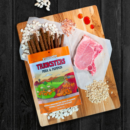 Pork tricksters in packaging on cutting board with ingredients