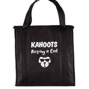 Black insulated tote bag. Image of a dog's face printed on bag with the text, "Kahoots, keeping it cool"