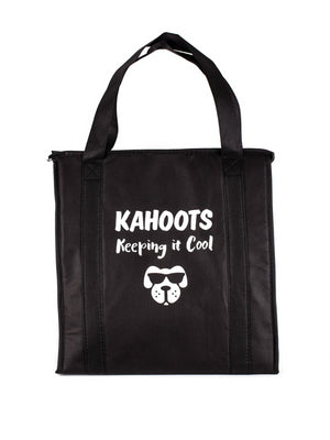 Black insulated tote bag. Image of a dog's face printed on bag with the text, "Kahoots, keeping it cool"