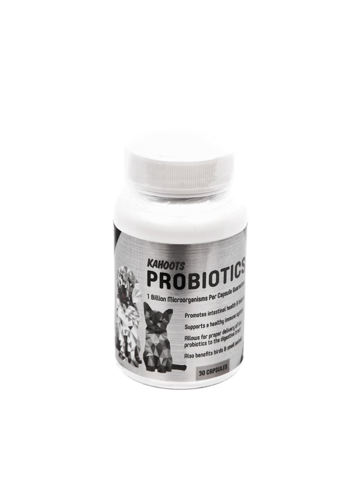 Probiotics container. White bottle with metalic label. Picture of dog and cat on label. 30 count