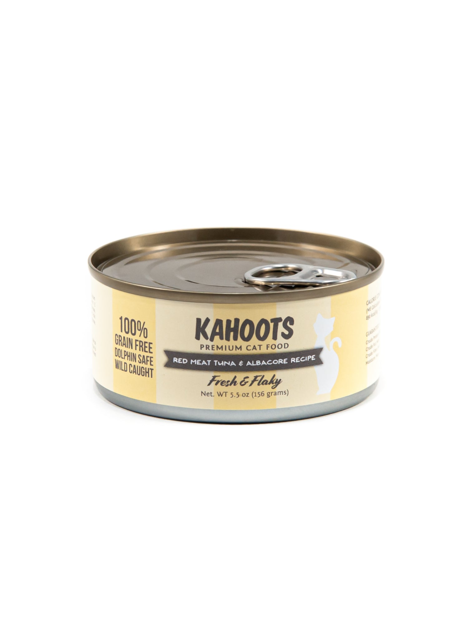 Red meat tuna and albacore wet cat food can. White cat over a yellow stripe background
