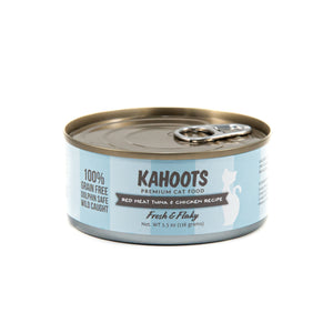 Kahoots red meat tuna and chicken recipe can, image of white cat over blue stripes