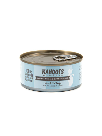 Kahoots red meat tuna and chicken recipe can, image of white cat over blue stripes