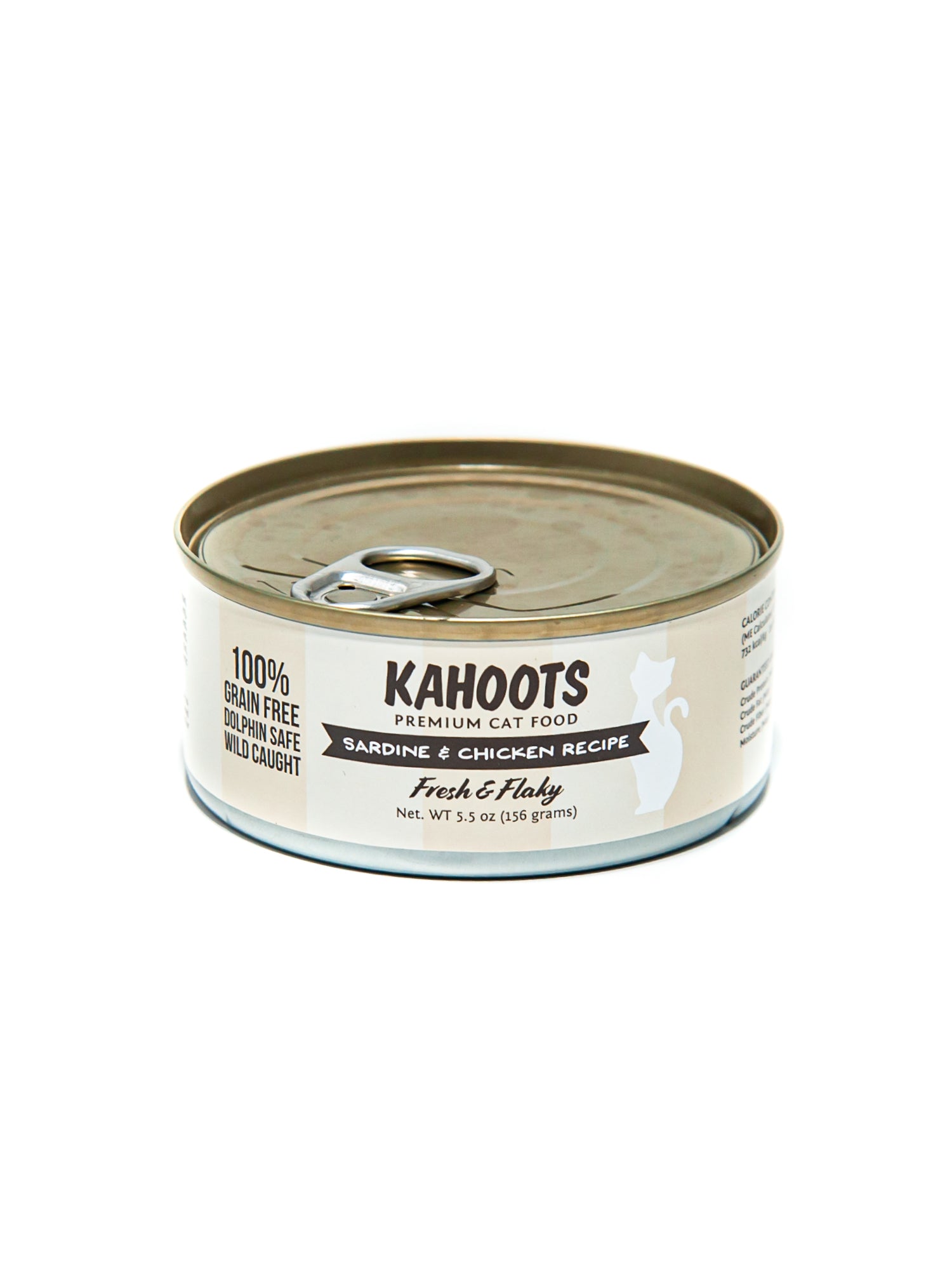 Sardine and Chicken wet cat food. White cat over cream colored striped background on the label