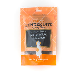 Chicken dog treats in a bag. Picture of a cartoon dog sitting in front of a chalk board over a orange background