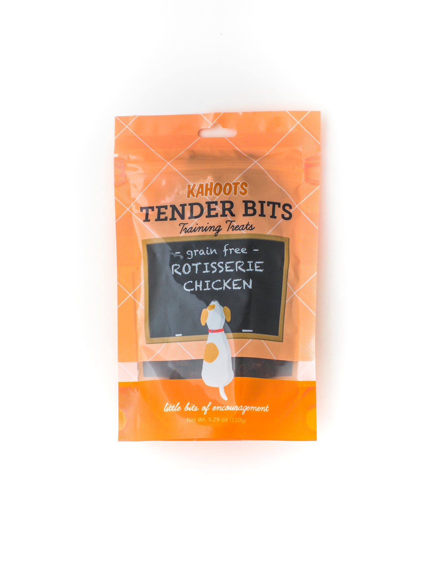 Chicken dog treats in a bag. Picture of a cartoon dog sitting in front of a chalk board over a orange background
