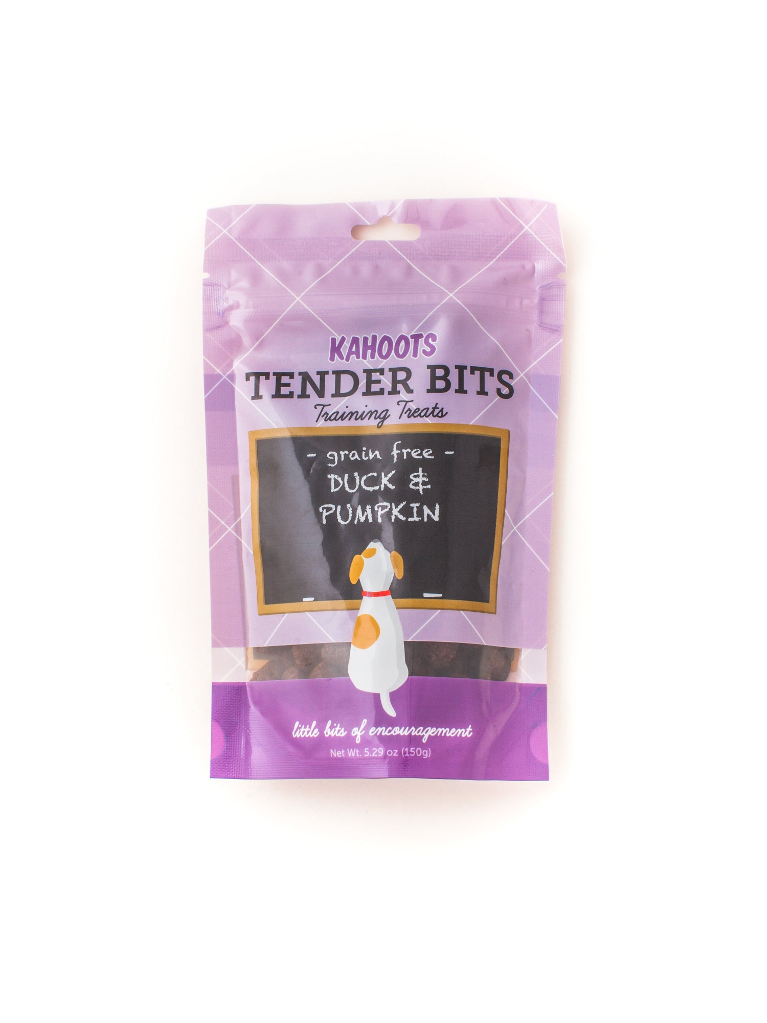 Duck and Pumpkin dog treats in a bag. Picture of a cartoon dog sitting in front of a chalk board over a purple background