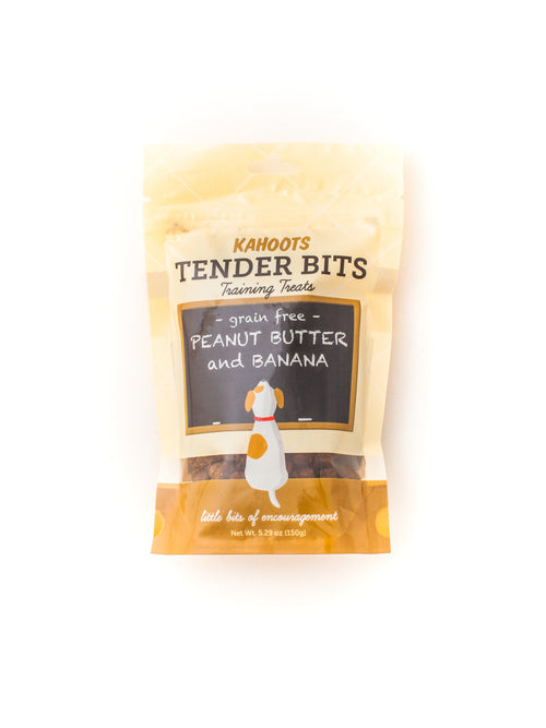 Product image description: Peanut Butter dog treats in a bag. Picture of a cartoon dog sitting in front of a chalk board over a yellow background