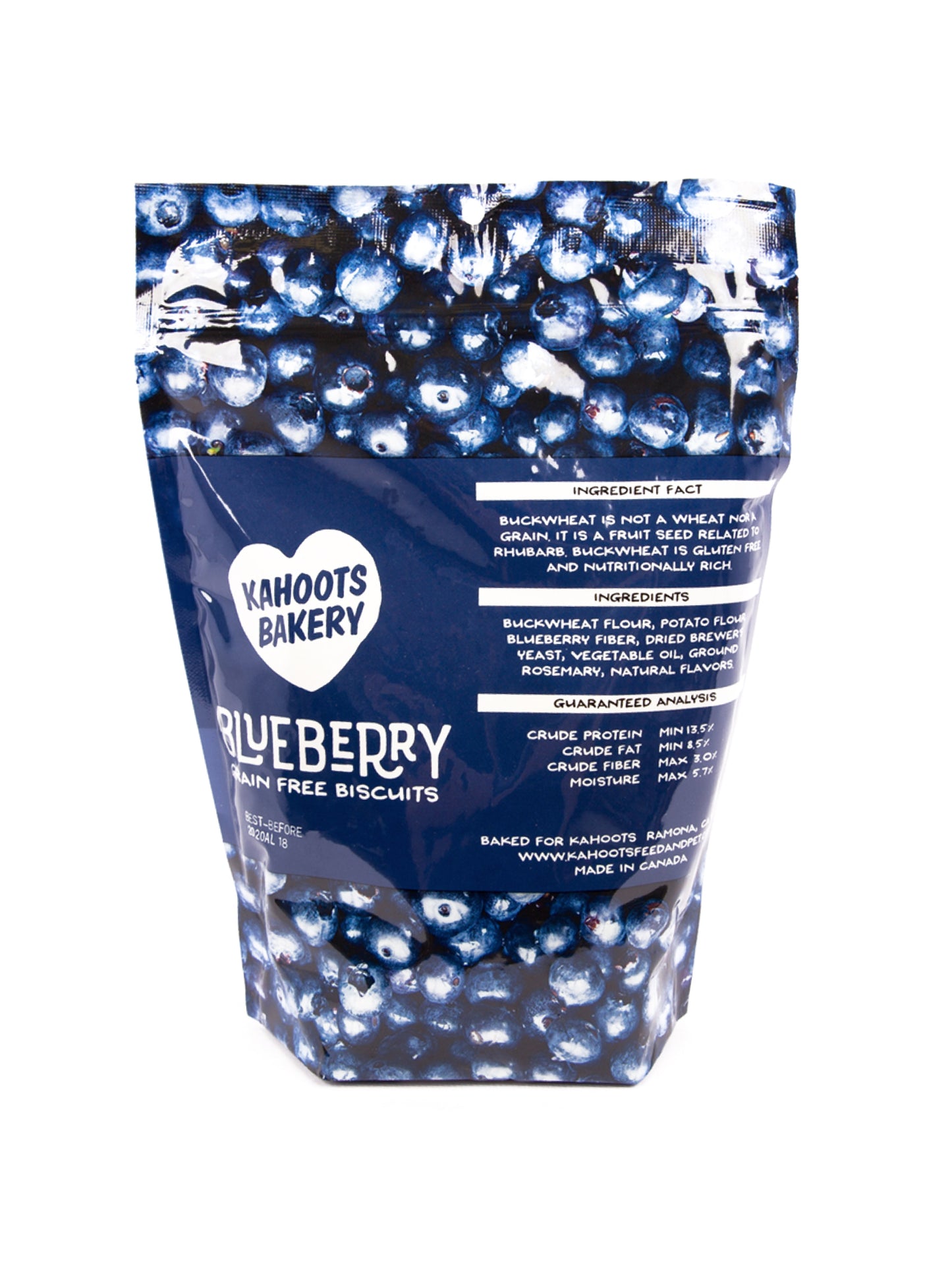 Back label of blueberry dog biscuits