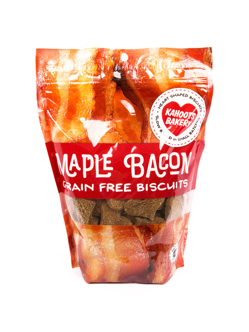 Product image description: Grain-free maple bacon dog biscuits