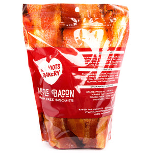 Back label of grain-free maple bacon dog biscuits