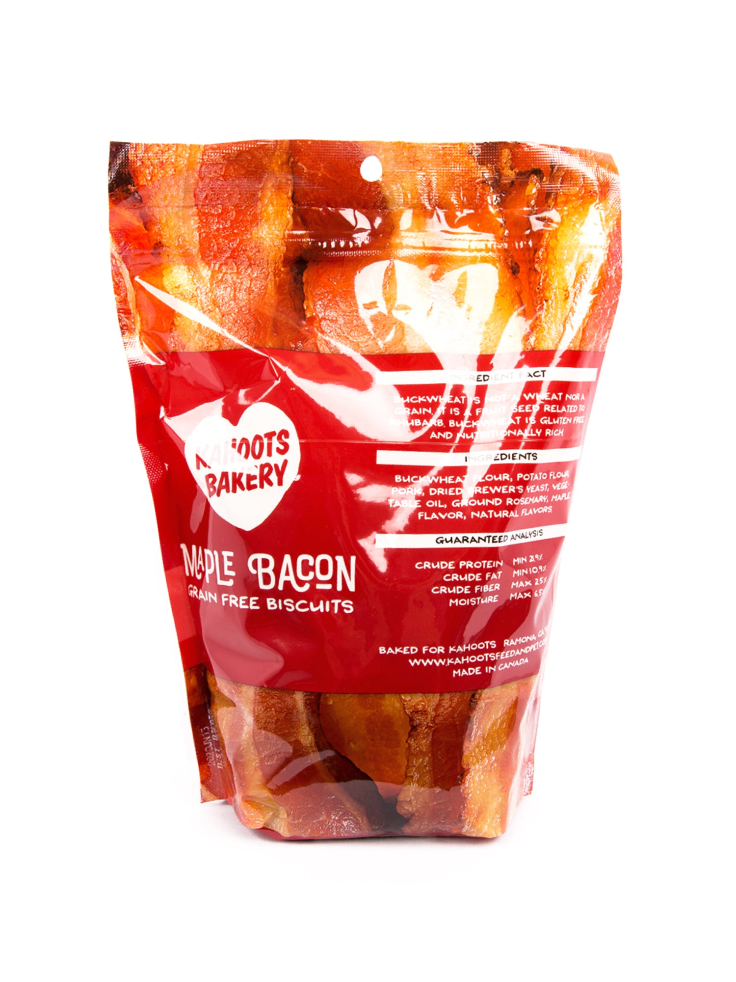 Back label of grain-free maple bacon dog biscuits