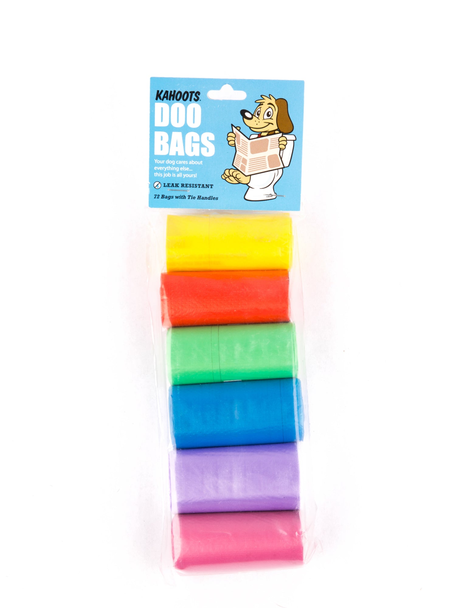 Variety of colorful doo bags in rolls, 6 per pack