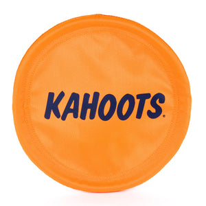 Orange, flexible frisby with "Kahoots" printed on it