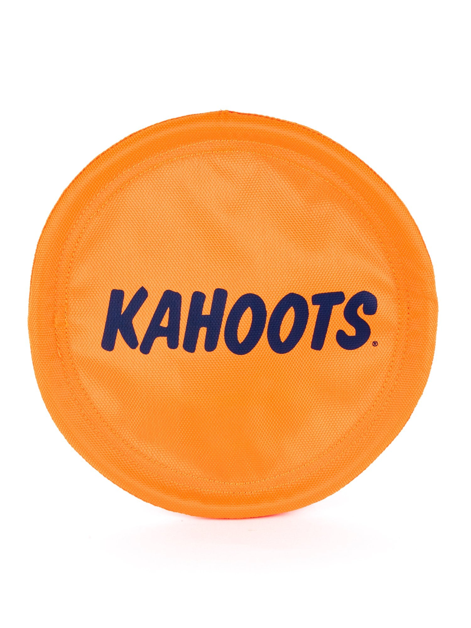 Orange, flexible frisby with "Kahoots" printed on it